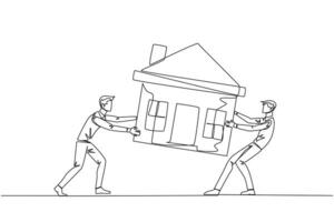 Continuous one line drawing two emotional businessman fighting over miniature house. The concept of fighting for luxurious house that they really want. Single line draw design vector illustration