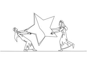 Single continuous line drawing two angry Arabian businessman fighting over the star. Concept of fighting for brilliant employees for the progress of the company. One line design vector illustration