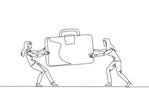 Single continuous line drawing two aggressive businesswoman fighting over the briefcase. Fight over the client data contained in the bag. Businesswoman attack. One line design vector illustration