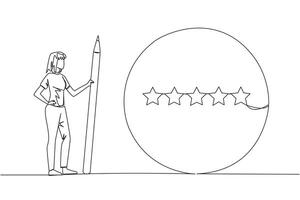 Single one line drawing happy woman stands holding a large pencil and next to is a large circle encircling all 5 stars. Five star rating positive feedback. Continuous line design graphic illustration vector