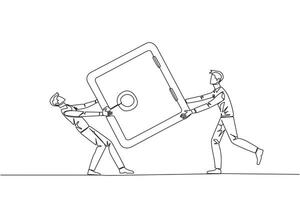 Single continuous line drawing two businessman fighting over safe deposit box. Fight for a safe place to store important data. Businessman conflict. Competition. One line design vector illustration