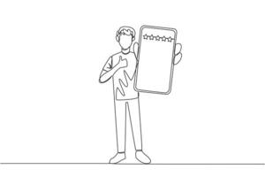 Single continuous line drawing happy man standing holding smartphone and showing screen to the front. Giving rating of 5 stars to online seller. Satisfied customer. One line design vector illustration