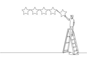 Single one line drawing young energetic happy man climbs a ladder carrying 1 star, making it 5 stars in a row. Give very good recommendation to the seller. Continuous line design graphic illustration vector