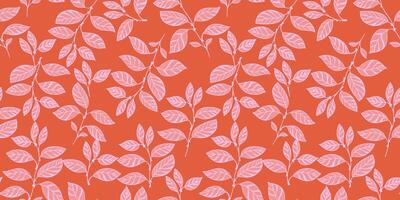 Stylized branches leaves seamless pattern on a orange back. Creative simple floral background. Vector drawn illustration shape leaf stems. Template for design, textile, fashion, print,  fabric
