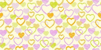 Seamless colorful yellow pattern with vector hand drawn sketch hearts. Print with set texture hearts silhouettes outline. Valentine, love background. Template for textile, fashion, print, surface