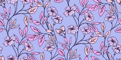 Creative, stylized blooming wild floral stems seamless pattern. Vector hand drawn. Abstract artistic branches with flowers, tiny leaves ornament on a blue background. Template for designs, printing