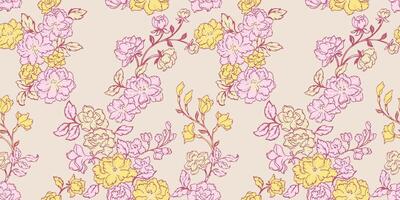 Spring or summer wild meadow seamless pattern. Abstract stylized lines flowers branches patterned on a light background. Vector hand drawn sketch. Collage for printing, design, fabric