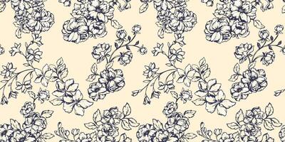 Blooming stylized meadow seamless pattern. Abstract wild floral stems pattern on a light background. Artistic creative lines, outlines branches flowers patterned. Vector hand drawn sketch.