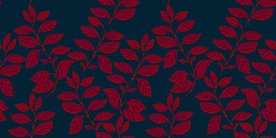 Creative abstract autumn leaves stems seamless pattern. Bright burgundy branches leafs tapestry on a dark blue background. Vector hand drawn. Collage template for designs, patterned, printing