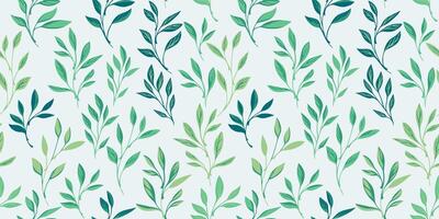 Abstract  simple tiny leaf branches seamless pattern. Green leaves on a white background. Vector hand drawn. Template for designs, textile, surface design, fabric