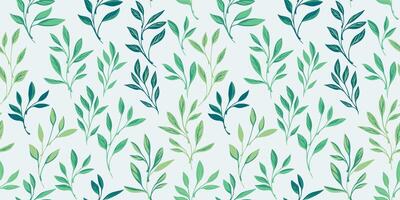 Abstract  simple tiny leaf branches seamless pattern. Green leaves on a white background. Vector hand drawn. Template for designs, textile, surface design, fabric