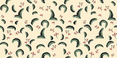 Pattern of creative floral monogram and abstract tiny branches berries. Christmas vintage seamless background. Vector hand drawn. Ornament decorative patterned. Collage template for printing, textile