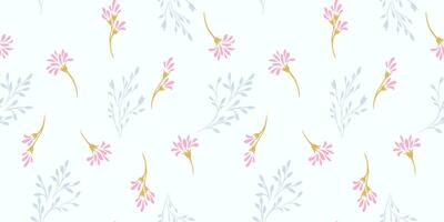 Minimalist simple seamless pattern with tiny branches flowers with drops, spots. Cute creative shapes floral scattered randomly on a light background. Vector hand drawn sketch. Template for design