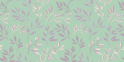 Gently pastel abstract tiny branches leaves seamless pattern. Stylized simple small leaf motif scattered randomly on a mint background. Vector hand drawn. Collage template for design, patterned