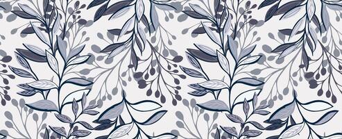 Monotone grey abstract stem leaves and branches seamless pattern. Vector hand draw illustration. Stylized tropical botanical stems on a light background. Template for design, printing, fashion