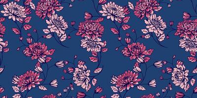 Blossoms meadow floral stems seamless pattern. Vector hand drawn. Artistic, abstract branches flowers with tiny leaves printing on a true blue background. Template for design, fabric, fashion, textile