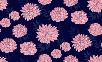 Abstract artistic pink floral and shape leaves seamless pattern on a dark blue background. Stylized flowers peonies, dahlias printing. Vector hand drawn illustration. Design for fashion, textiles