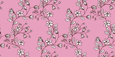 Seamless pattern intertwined with artistic abstract tiny floral stems. Vector hand drawn. Blooming gently branches with wild flowers, buds and leaves pink print. Template for design, fabric, textile