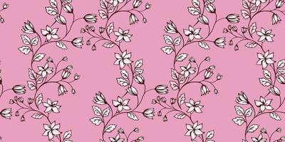 Seamless pattern intertwined with artistic abstract tiny floral stems. Vector hand drawn. Blooming gently branches with wild flowers, buds and leaves pink print. Template for design, fabric, textile