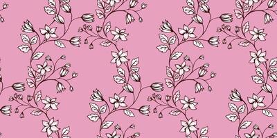 sin costura modelo entrelazados con artístico resumen minúsculo floral tallos. vector mano dibujado. floreciente suavemente ramas con salvaje flores, brotes y hojas rosado impresión. modelo para diseño, tela, textil