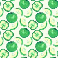 Seamless pattern with abstract art fruits apples and apple slices on o light background. Vector hand drawn sketch. Creative green shape apple textured patterned. Collage for designs, print