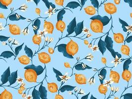 Colorful branches lime and lemon, leaves, tiny flowers seamless pattern. Vector hand drawn illustration. Abstract artistic summer citrus fruits printing on a blue background. Template for designs