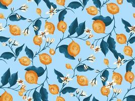 Colorful branches lime and lemon, leaves, tiny flowers seamless pattern. Vector hand drawn illustration. Abstract artistic summer citrus fruits printing on a blue background. Template for designs