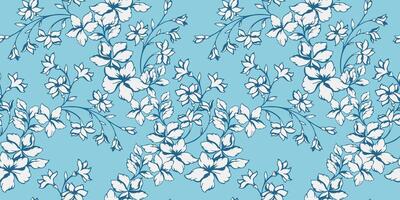 Gently branches wild flowers, tiny leaves, buds  seamless pattern. Abstract stylized floral stems patterned. Vector hand drawn sketch. Monotone blue elegant blooming meadow. Collage template for print