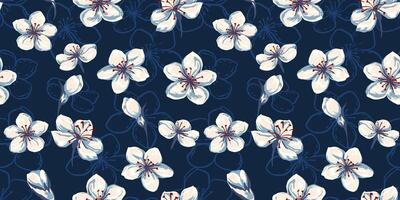 Artistic abstract wild blossom floral seamless pattern.  Vector hand drawn sketch. Colorful ditsy flowers and buds printing on a dark blue background. Template for designs, fabric, textiles