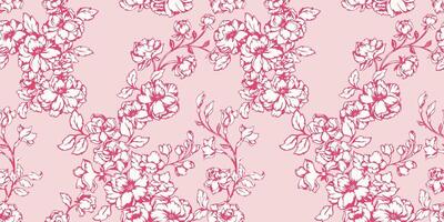 Blossoms gently abstract artistic branches wild flowers seamless pattern. Monotone pink floral printing on a beige background. Vector hand drawn. Template for design, patterned, collage