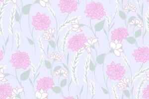 Pastel wild meadow intertwined in a seamless pattern on a light blue background. Abstract artistic branches with ditsy flowers, leave, buds printing.  Vector hand drawn. Template for designs, fabric