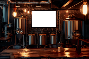 AI generated Horizontal frame mockup in dark brewery bar interior png