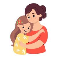 linda mamá tiernamente abrazos su hija. vector ilustración plano dibujos animados estilo. contento hembra personaje