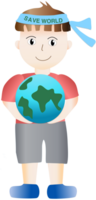 boy standing holding a globe, on his head was a cloth sign with the message save world written on it png