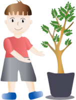 Cartoon boy taking care of trees png