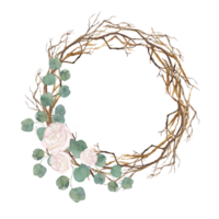 Watercolor wreath of dry twigs with roses and eucalyptus.Wreath arrangement for card, invitation, decoration. png