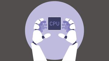 AI robot hands holding a CPU components of a super computer vector illustration