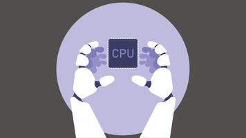 AI robot hands holding a CPU components of a super computer vector illustration