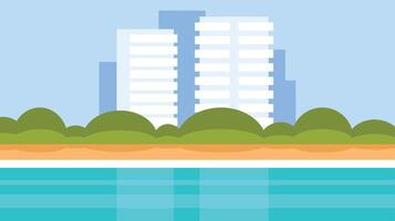 a building has a waterfront and facing the ocean and greeen space vector