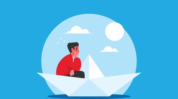 A Boy in a boat from paper in a sea with the clouds in sky vector illustration