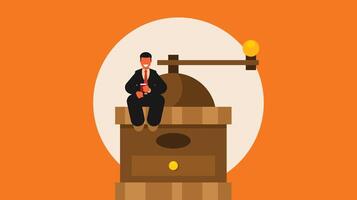 coffee shop owner sitting on a coffee grinder vector illustration