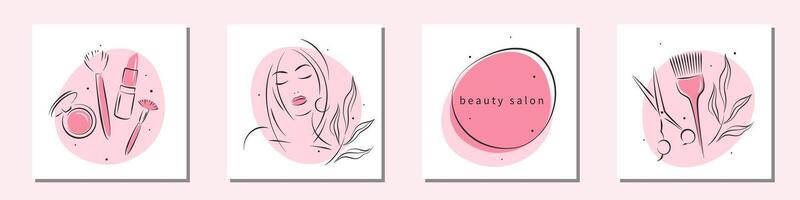 Beauty salon logo set. Makeup and hairdressing. Beautiful woman face, lipstick, blusher, cosmetic brush, scissors and hair brush. Vector illustrations