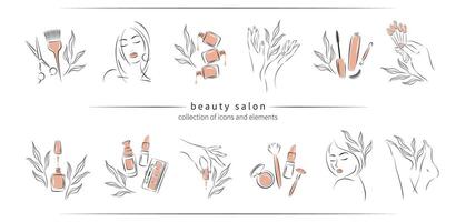 Big set of elements and icons for beauty salon. Nail polish,  manicured female hands and legs, beautiful woman face, lipstick, eyelash extension, makeup, hairdressing. Vector illustrations