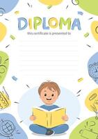 Diploma of school children. Sample elementary school kids certificate. Boy reading book, background with school supplies. Vector illustration