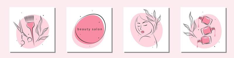Beauty salon logo set. Beautiful woman face, nail polish, scissors and hair brush. Manicure, makeup, hairdressing. Vector illustrations