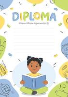 Diploma of school children, background with school supplies. Sample elementary school kids certificate. Afro American girl kid reading book. Vector illustration