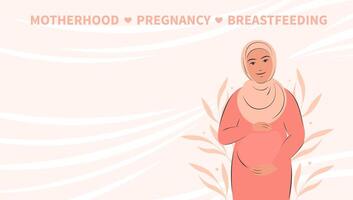 Muslim pregnant woman, future mom. Pregnancy and motherhood concept. Vector illustration.