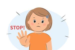 Child girl says stop. Person protecting personal boundaries concept. Violate personal space. Behavior in society. Vector illustration