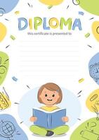 Diploma of school children, background with school supplies. Sample elementary school kids certificate. Girl kid reading book. Vector illustration