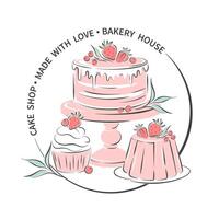 Cake shop logo. Cake, cupcake and berries. Vector illustration on white background for menu, recipe book, baking shop.